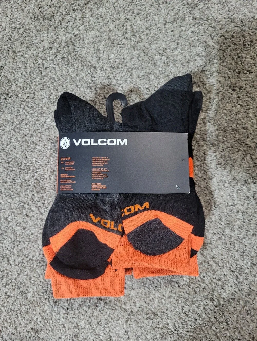 8-Pair Volcom Men Size 6-12 Workwear Logo Cushioned Crew Socks Black Gray Orange
